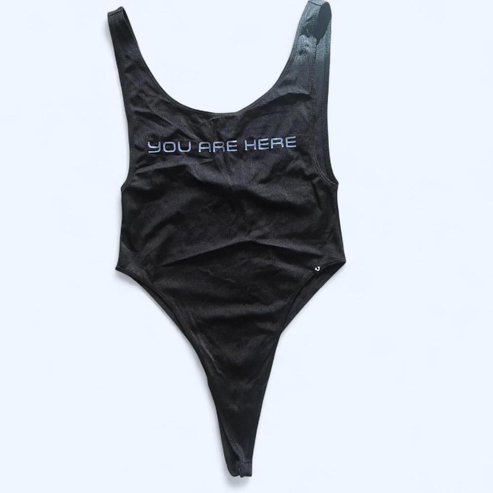 True Religion black bodysuit with silver "you are here" graphic Size Small NWT